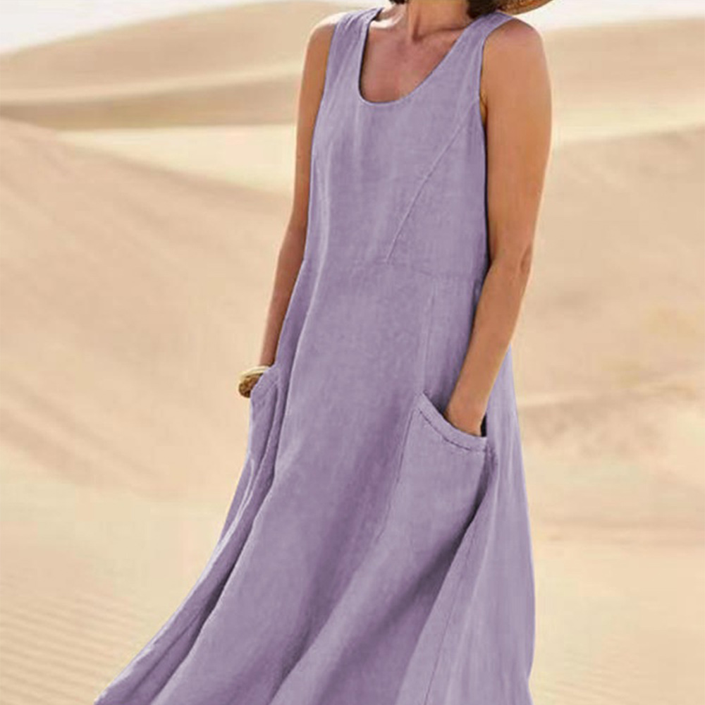 Castillotigo™ Vestido sin mangas de algodón y lino de color liso de novedad de verano