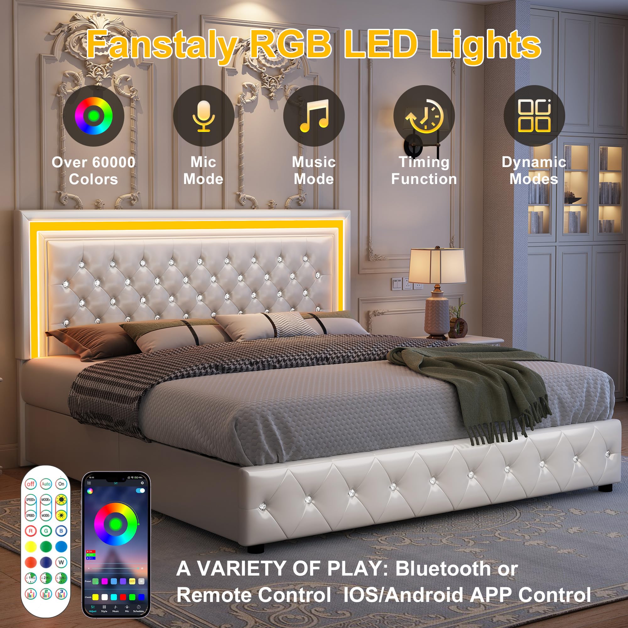 Base de cama LED Queen, cama con cajones de almacenamiento