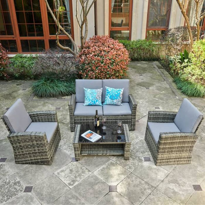 5 Piece PE Rattan Patio Outdoor Conversation Sets with Table