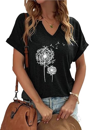 Women's Floral T-Shirts V-Neck Dandelion Sun Flower Graphic Casual Tee Boho Tops Cute Wildflowers Shirts