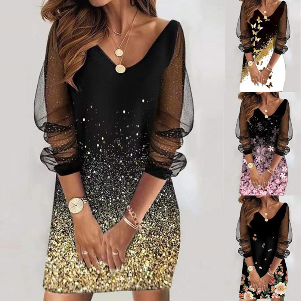 Castillotigo™ Vestido de malla con lentejuelas y cuello en V