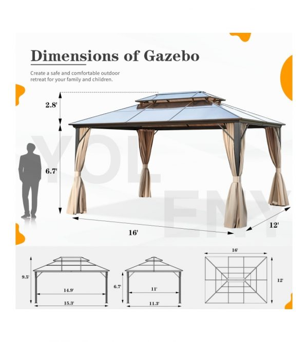 12’ftx16′ft Hardtop Gazebo, Outdoor Polycarbonate Double Roof Canopy, Aluminum Frame Permanent Pavilion with Curtains and Netting, Sunshade for Garden, Patio, Lawns
