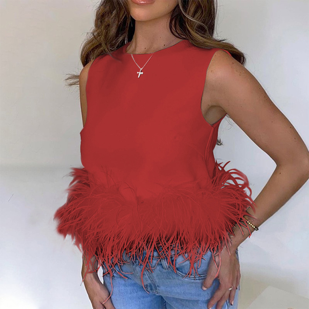 Castillotigo™ Trendy Feather Trim Tank T-Shirt
