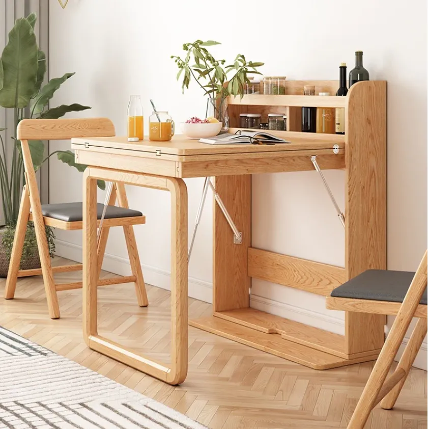 Mesa de comedor multifuncional plegable de madera maciza + 2 sillas gratuitas.