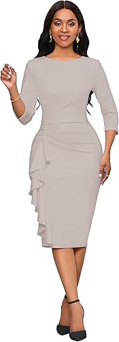 Church Dresses for Women 3/4 Sleeve Bodycon Ruffle Vintage Wear to Work Pencil Midi Dress - Apricot