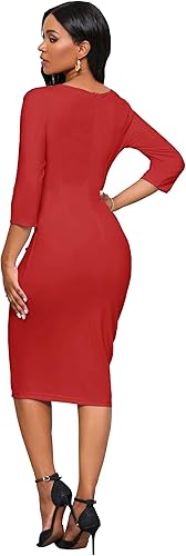 Church Dresses for Women 3/4 Sleeve Bodycon Ruffle Vintage Wear to Work Pencil Midi Dress - Red