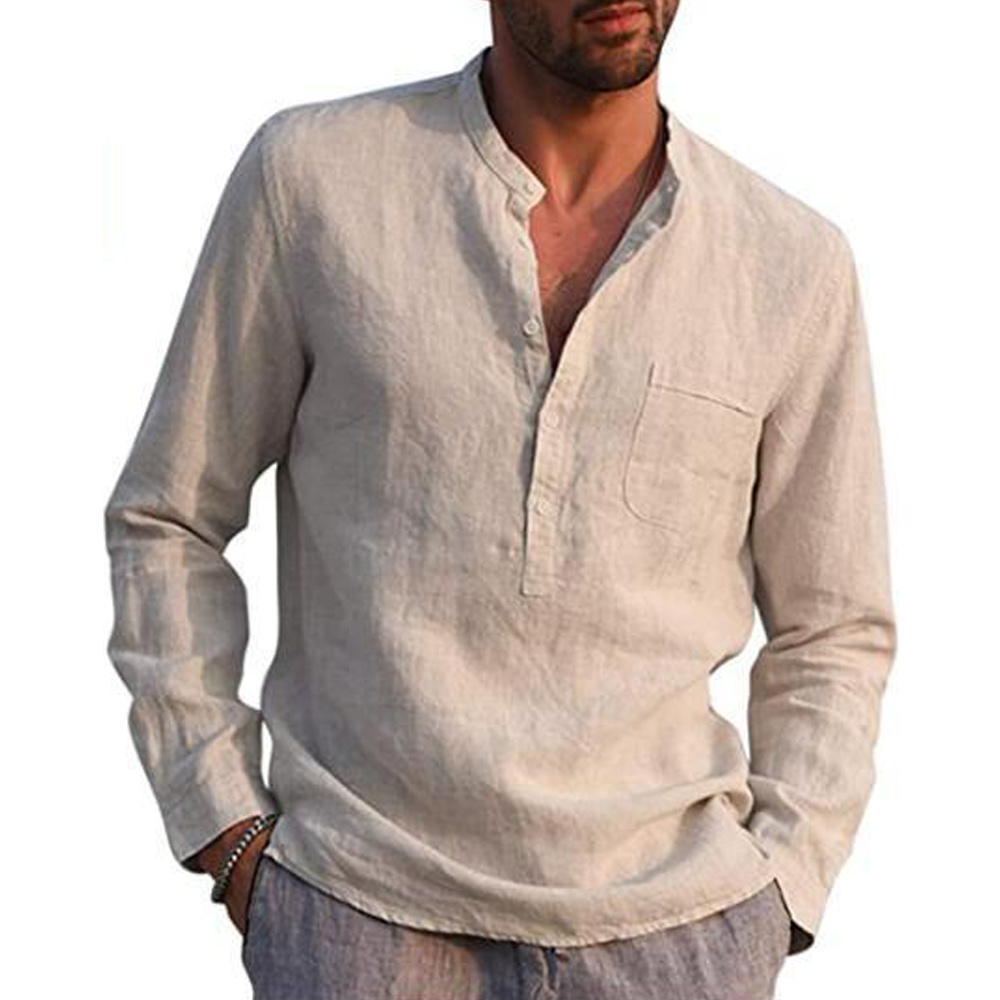 Castillotigo™ Camisa casual de lino de playa con cuello en V y manga larga para hombre