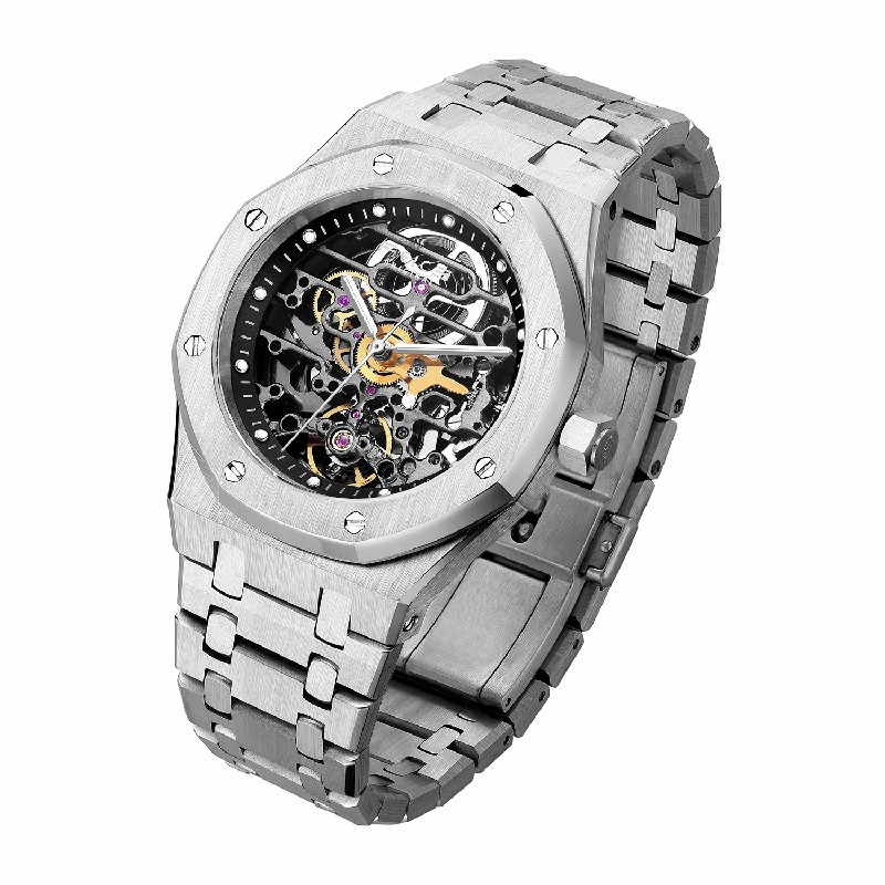 FM019 Men's Automatic Skeleton Watch 42mm Case Stainless Steel Waterproof Watches Business Wristwatch Adjustable Band
