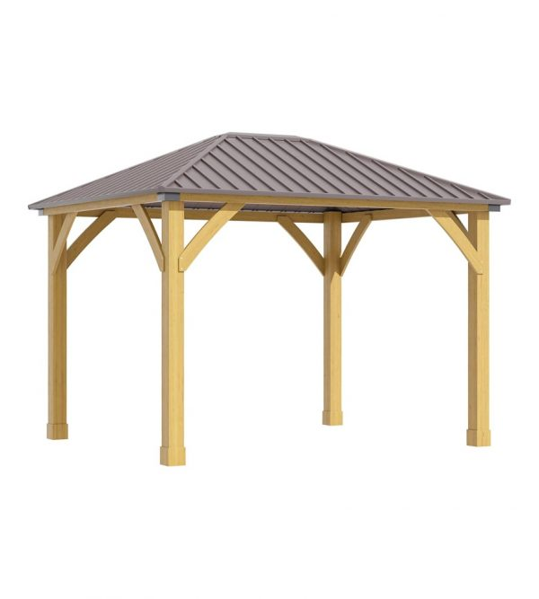10′ft x 12′ft Hardtop Gazebo with Galvanized Steel Roof, Wooden Frame, Permanent Pavilion Outdoor Gazebo Canopy, for Patio, Garden, Backyard, Deck, Lawn, Brown