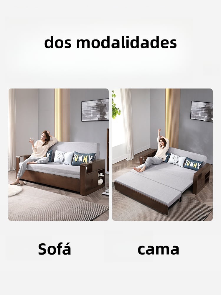 Sofá de madera maciza plegable con almacenamiento y cama retráctil.