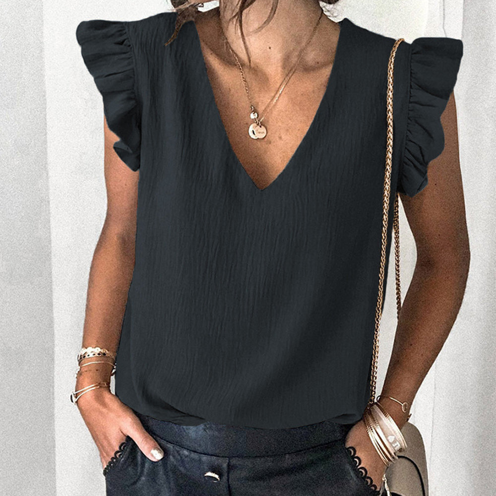 Castillotigo™ Top de manga con volantes y cuello en V de color sólido de nueva moda