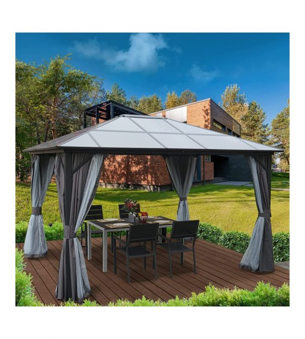 10′ ftx 12′ft Hardtop Gazebo, Permanent Outdoor Aluminum Patio Gazebo with Aluminum Composite Polycarbonate Top for Patio Lawn and Garden, Curtains and Netting Included (Edward 10ftx12ft)