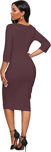 Church Dresses for Women 3/4 Sleeve Bodycon Ruffle Vintage Wear to Work Pencil Midi Dress - Seal Brown